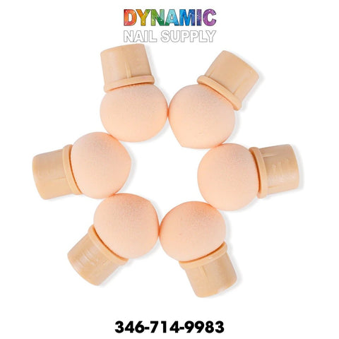 The image features six peach-colored foam applicators from the QH9280 Gradient Glitter Powder Nail Brush Sponge Double Head Dotting Pen Manicure Tool set, arranged in a circular formation. Each applicator has a beige plastic handle. Above, the brand name Dynamic Nail Supply is displayed in vibrant letters, with the phone number 346-714-9983 shown in bold black text below.