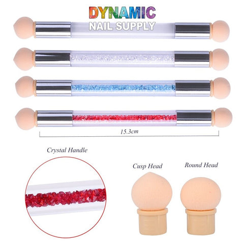 Dynamic Nail Supply presents the QH9280 Gradient Glitter Powder Nail Brush Sponge Double Head Dotting Pen Manicure Tool, featuring five double-ended nail applicators with crystal-filled transparent handles in red, blue, and clear. Each applicator has a metallic section connecting two round sponge heads for effortless gradient glitter powder application. The 15.3 cm handle is the ideal addition to your nail brush collection, highlighted by vibrant text from Dynamic Nail Supply.