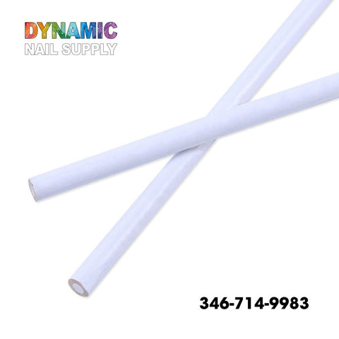 Two wooden nail dotting pencils, identified as cylindrical rods, are crossed against a white background. In the top left corner, the text "Dynamic Nail Supply" is displayed in colorful gradient letters. The bottom right corner features the phone number 346-714-9983 in black text.
