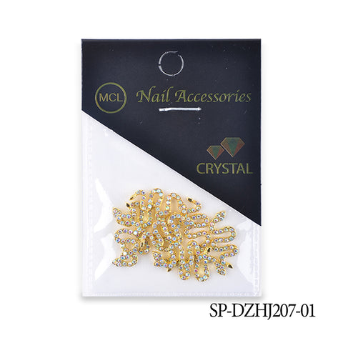 A package from Dynamic Nail Supply features 10 snake-shaped charms for nail art design, elegantly adorned with gold and rhinestones. These charms, ideal for sophisticated nail art creations, come in a clear plastic bag with a black and white header displaying the product code SP-DZHJ207-01 at the bottom right.