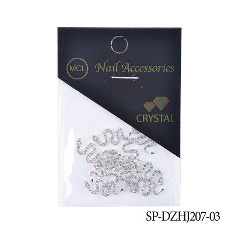 Transparent packaging holds the Dynamic Nail Supply brand crystal nail charms in a dynamic wavy design. The packaging has a black top featuring the text "Nail Accessories" and "CRYSTAL," accompanied by a multicolored crystal logo. Product code SP-DZHJ207-03 is located at the bottom right, ideal for enhancing your creativity in nail art with 10 pieces of snake-shaped charms (smaller version).