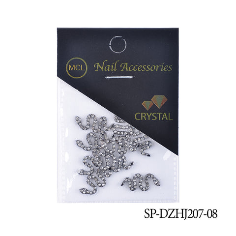 The image showcases a package of Dynamic Nail Supply's product, "10 pcs of Snake Shape Charms for Nails Art Design (Smaller version)," featuring elegant silver snake-shaped charms ideal for creating intricate nail art. The embellishments are enhanced with tiny crystals that sparkle beautifully. In the bottom right corner against a white background, you can see the product code SP-DZHJ207-08.