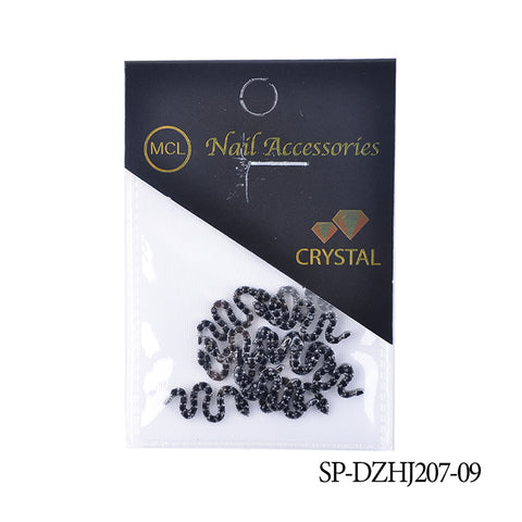A package of snake-shaped nail accessories from Dynamic Nail Supply, ideal for Nail Art Design enthusiasts, is labeled as 10 pcs of Snake Shape Charms for Nails Art Design (Smaller version). The black snakes boast a glittery texture and are packaged in clear plastic with a black header, featuring the product code SP-DZHJ207-09 at the bottom right.