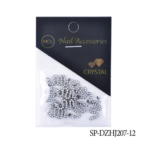 A package of 10 snake-shaped charms for nail art design, labeled as a smaller version from Dynamic Nail Supply. The clear plastic pouch showcases shiny silver charms arranged in a cluster, ideal for creating unique nail designs. The product code SP-DZHJ207-12 is printed in the bottom right corner.