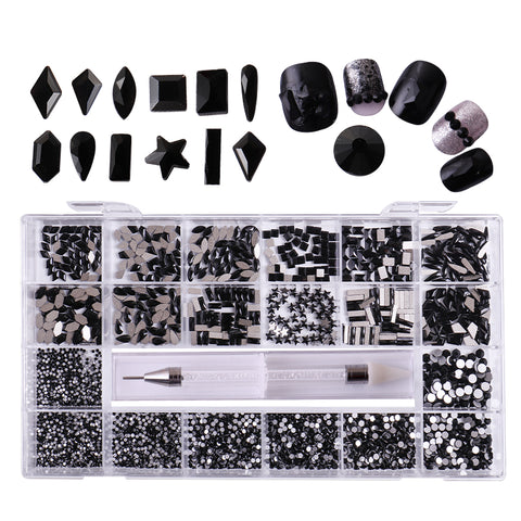 Introducing the DH039 Black Rhinestone set, now on sale from Dynamic Nail Supply. This nail art kit showcases a variety of multi-shaped tones, including black rhinestones paired with silver accents in geometric designs. The set comes with a compartmentalized box featuring spaces for squares, stars, circles, and more. A silver nail tool is also provided. Above are sample designs that highlight striking black and silver patterns.