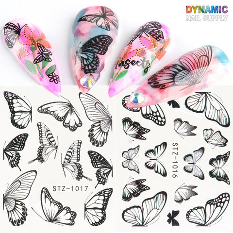 Discover Dynamic Nail Supply's 3D nail art collection featuring vibrant floral and butterfly motifs on gel nails. The set includes pink and blue watercolor backgrounds accentuated by black prints. With the pack of 24 sheets of Butterfly Water Decals, you can unleash endless creativity with captivating outlines for your designer nails.
