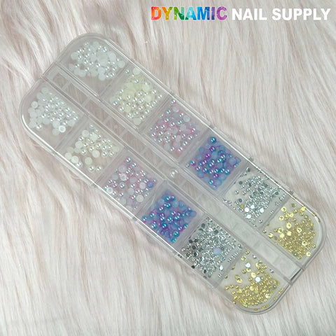 Pearls and gold and silver half-sphere balls for nails design set of 12-grid