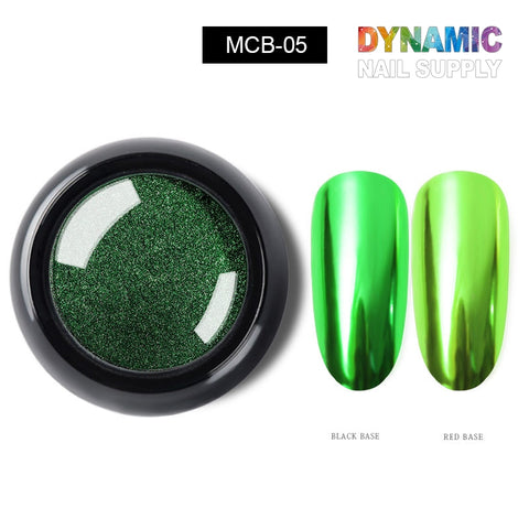 Image of Dynamic Nail Supply's Chrome Effect Nails product, MCB-05. The small, round container contains a dark green chrome pigment, perfect for nail art design. Two nail swatches demonstrate the chrome effect: a metallic green on black and a vibrant lime green on red.