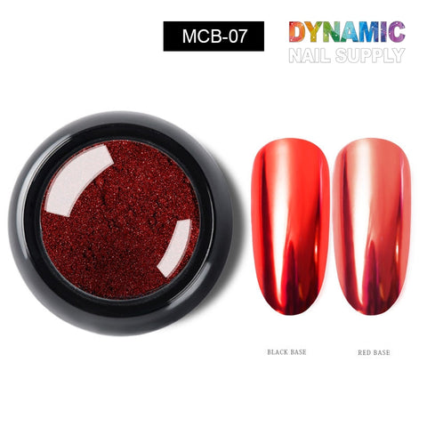 A black container, labeled MCB-07, holds a shimmering red powder promising a captivating chrome effect for nails. Two swatches accompany it: the left illustrates a dark red finish over a black base, while the right showcases a vibrant metallic red on a red base. The brand name "Dynamic Nail Supply" is displayed at the top right.