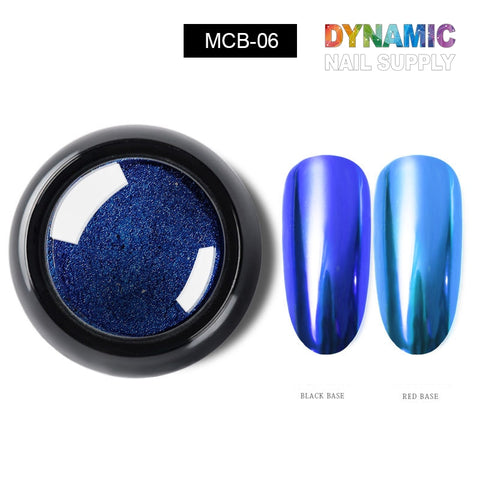 On the left, a container labeled Chrome Effect Nails: Metallic Chrome Pigment for Nail Design by Dynamic Nail Supply showcases its blue chrome nail powder in shade MCB-06. To the right, a pair of elongated oval nail samples display a striking chrome effect—one with a deep blue over black and another with a lighter blue on red. The Dynamic Nail Supply logo appears elegantly at the top right, ideal for your upcoming nail art project.