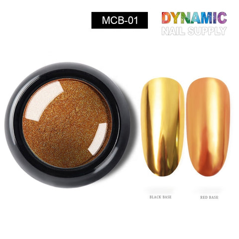 A round black container of metallic chrome pigment labeled Chrome Effect Nails is shown alongside two nail color samples. The left sample displays the pigment over a black base, creating a darker chrome effect, while the right sample shows it over a red base for a brighter nail art design. The brand Dynamic Nail Supply is visible.