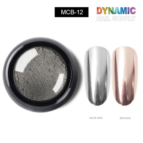 A small jar labeled MCB-12 holds Metallic Chrome Pigment for Nail Design by Dynamic Nail Supply. To the right, two nail samples showcase the chrome effect: one features a mirror-like silver finish over a black base, while the other displays a rose gold tint over a red base.