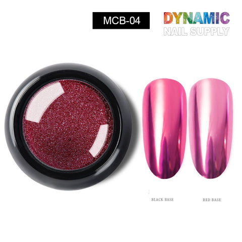 A small jar with a black lid, filled with shimmering dark red chrome powder, is displayed alongside two glossy metallic pink nail samples labeled BLACK BASE and RED BASE. It vividly demonstrates the stunning effect of "Chrome Effect Nails: Metallic Chrome Pigment for Nail Design." The text "MCB-04" and "Dynamic Nail Supply" gracefully float above the scene, making it perfect for nail art design enthusiasts.