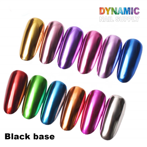 A display of ten glossy, metallic nail polish samples highlights stunning nail art designs on a black base. The colors featured are gold, rose, pink, purple, silver, red, green, blue, copper and have a chrome effect using the Metallic Chrome Pigment for Nail Design. The image showcases the text "Dynamic Nail Supply" in colorful letters at the top right corner.