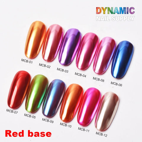 A set of 12 oval-shaped nail tips featuring the Chrome Effect Nails, with metallic chrome pigments in an array of colors including oranges, pinks, blues, greens, and reds. Each tip is labeled from MCB-01 to MCB-12. The top displays the name "Dynamic Nail Supply," and "Red base" is indicated at the bottom left in red.