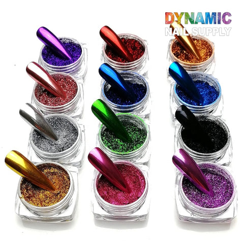 Ten open jars of "Chrome Effect Nails: Metallic Chrome Pigment for Nail Design" in a variety of colors are arranged in two columns. Each jar, ideal for crafting stunning nail art designs, includes an elongated nail sample that matches the pigment. The available colors are purple, red, blue, orange, silver, green, and pink. The text "Dynamic Nail Supply" is displayed in the top right corner.