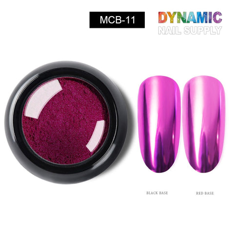 A container of Metallic Chrome Pigment for Nail Design in dark pink, labeled as MCB-11, is displayed, ideal for achieving stunning chrome effect nails. Beside it, two nail samples illustrate the pigment's impressive finish over a black and a red base, highlighting both glossy and metallic effects. The Dynamic Nail Supply logo is positioned in the top right corner.