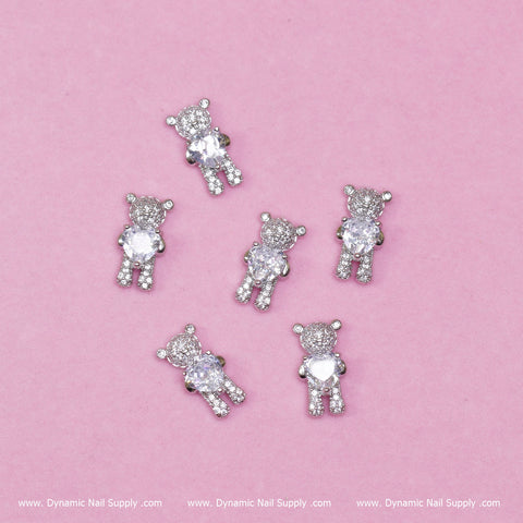 (Silver) 6 pcs Bear Charm with Rhinestones (Hugging) Engraved