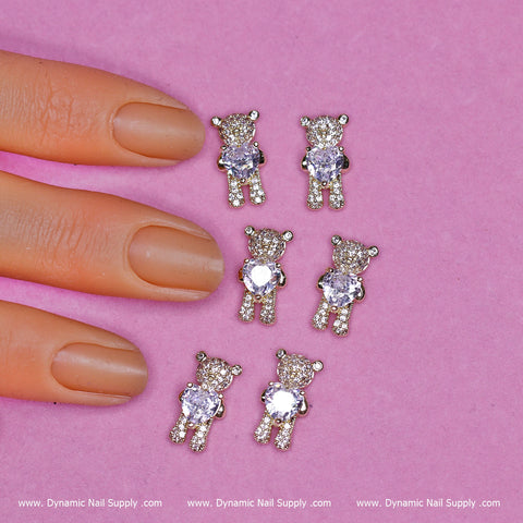 (Silver) 6 pcs Bear Charm with Rhinestones (Hugging) Engraved