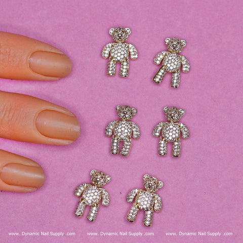 (Gold) 6 pcs Movable Teddy Bear Charms with Rhinestones Engraved