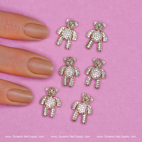 (Gold) 6 pcs Movable Teddy Bear Charms with Rhinestones Engraved
