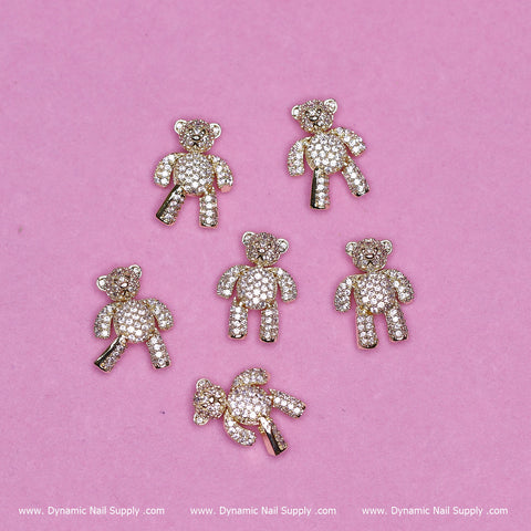 (Gold) 6 pcs Movable Teddy Bear Charms with Rhinestones Engraved