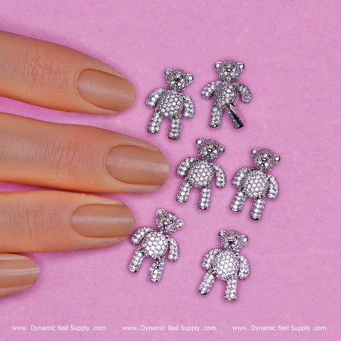 (Silver) 6 pcs Movable Teddy Bear Charm with Rhinestones Engraved