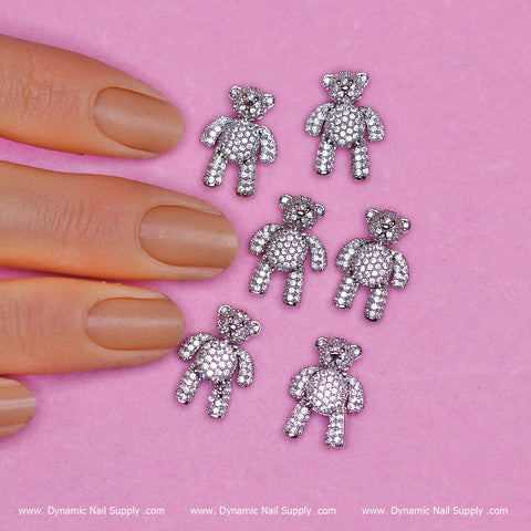 (Silver) 6 pcs Movable Teddy Bear Charm with Rhinestones Engraved