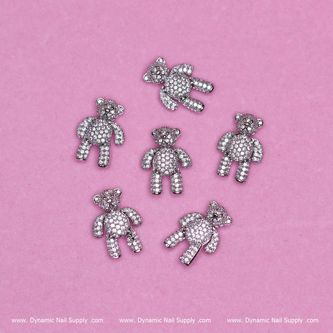 (Silver) 6 pcs Movable Teddy Bear Charm with Rhinestones Engraved