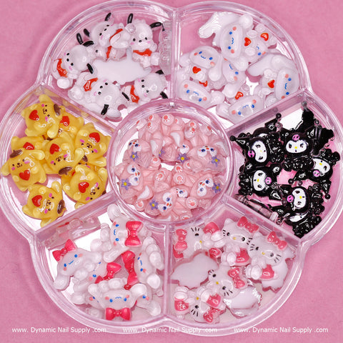Dynamic Nail Supply offers a 70-piece set of Hello Kitty resin charms, perfect for nail art design. This collection includes a vibrant assortment of charms such as 3D decorations shaped like pink bows, white bunnies, and yellow bears with hearts, as well as cartoon characters in black outfits. The colorful background perfectly enhances these lively nail art designs.