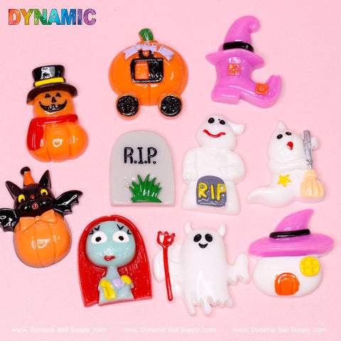 (part2) 10 pcs Cute Cartoon Halloween Design Nail Charms (Skeleton Ghost Spooky Pumpkin Bat)