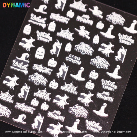 The Halloween glow in the dark (CY 018) sheet from Dynamic Nail Supply showcases Halloween-themed nail decals on a black background, featuring glow-in-the-dark white silhouettes of witches, pumpkins, bats, hats, and phrases such as Witch Supply, Horror Night, Halloween, and Wicked. The brand name Dynamic Nail Supply is printed at the bottom.
