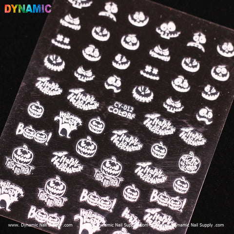 Introducing our Halloween-themed nail stickers, featuring glow-in-the-dark designs of jack-o-lanterns, black cats, and ghosts. Adorned with phrases like "Happy Halloween" and "Trick or Treat," these CY 012 stickers are set on a reflective background and elegantly branded with Dynamic Nail Supply at the bottom.