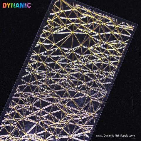 The Gold Net Texture Geometric (FL 2013) nail sticker sheet by Dynamic Nail Supply showcases elaborate geometric patterns with a gold net texture. The designs feature intersecting lines forming a sophisticated web of triangles and polygons, where the shimmering gold contrasts beautifully against the dark background.