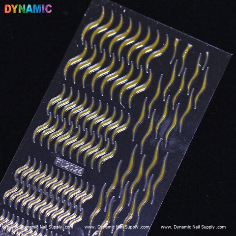 The Gold parallel line wave pattern (FL 2024) nail decals from Dynamic Nail Supply feature gold lines in a wave design against a black backdrop. The varying density and direction of the lines create an engaging dynamic effect, with the brand name Dynamic Nail Supply and product code FL2024 elegantly printed at the bottom.