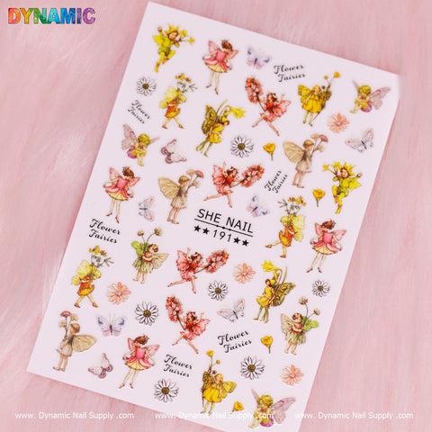 A sheet of nail art decals from Dynamic Nail Supply, titled "Flower, Butterfly, Spring Fairies Sticker (191)," features vibrant spring fairies and butterfly designs set against a pink background. The fairies wear colorful outfits with delicate wings and are depicted in charming poses. Displayed in the center is the text SHE NAIL 191, with the border featuring www.DynamicNailSupply.com.