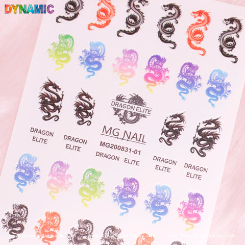 Explore the New Chinese Dragon Sticker from Dynamic Nail Supply's collection. This sheet features detailed designs in a variety of vibrant colors such as black, red, orange, green, blue, pink, and purple. At its center is an elegant stamp with the repeating text "DRAGON ELITE" and model number MG200831-01.