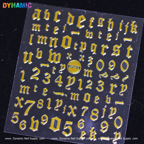 A sheet of the Letter and Number Sticker (DP3216) - Gold from Dynamic Nail Supply features gothic-style letters, numbers, and symbols in varying sizes against a transparent background. These stickers captivate with the word "DYNAMIC" glamorously showcased in colorful letters at the top left corner.