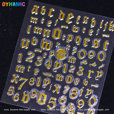 Presenting the Dynamic Nail Supply Letter and Number Sticker (DP3216) in gold, featuring an elegant Gothic style on a transparent background. This versatile set includes uppercase, lowercase letters, and special characters such as dots and ampersands. The Dynamic Nail Supply website is prominently displayed at the bottom.