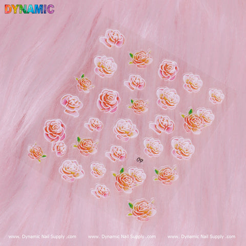 A sheet of Rose Sticker (09) nail decals features an array of pink and white rose stickers in different sizes, accented with green leaves on a soft pastel pink background. The DYNAMIC logo is prominently displayed at the top, and "Dynamic Nail Supply" is elegantly repeated along the bottom edge.