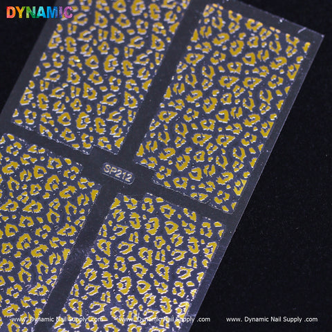 A close-up of the Animal Pattern Nail Sticker sheet (SP212) displays four sections featuring gold and silver metallic leopard print. At the bottom, the Dynamic Nail Supply logo and website URL stand out against a sleek black background.