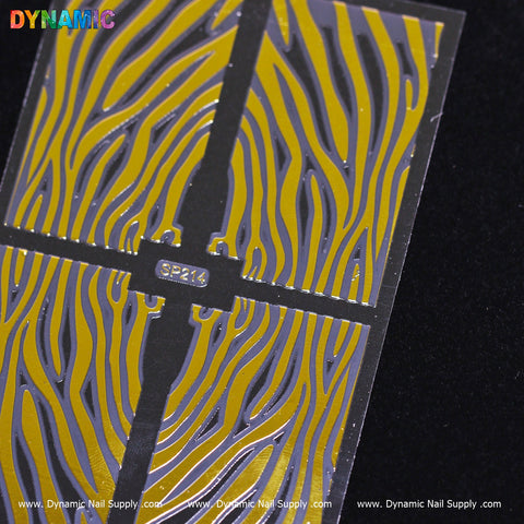 Here's a revised version of the sentence using the given product data:

The Animal Pattern Nail Sticker (SP214) showcases a vibrant yellow and black zebra stripe design. The stencil is set against a sleek black background, with Dynamic Nail Supply branding stylishly positioned at both the top and bottom edges.