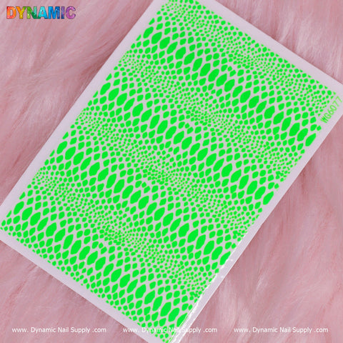 A sheet showcasing neon green nail art stickers with a bold snake skin pattern set against a soft pink fur background. The Dynamic Nail Supply logo is prominently displayed at the top, with the code H0071 in the upper right corner, all framed by a white border to highlight this unique Snake Skin Nail Water Decal - Neon Green design.