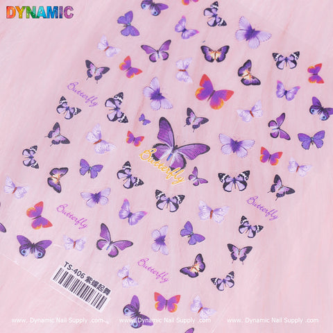 A sheet showcasing an array of Purple Butterfly Stickers (TS-406) in different sizes and styles is set against a gentle pink backdrop. The word "Butterfly" appears in cursive multiple times. The top left corner is adorned with the brand name, Dynamic Nail Supply, which also runs along the bottom edge.