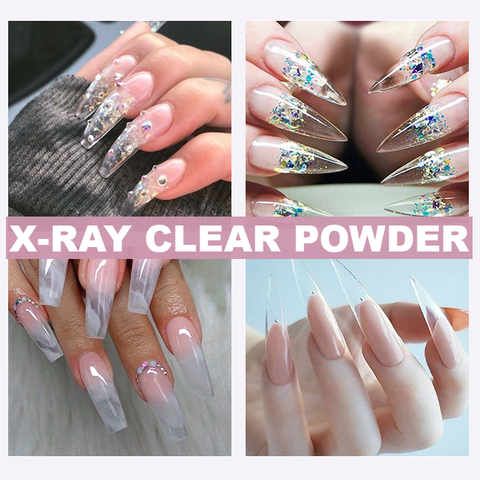 A collage showcasing four nail designs using Dynamic Nail Supply's non-toxic X-Ray CLEAR Acrylic Powder for Dipping and Sculpting. Top left: long nails adorned with crystal embellishments. Top right: stiletto nails featuring iridescent flakes. Bottom left: square nails with a marble effect and gem accents. Bottom right: coffin nails with a sleek, glossy finish. Text overlay: X-RAY CLEAR POWDER.