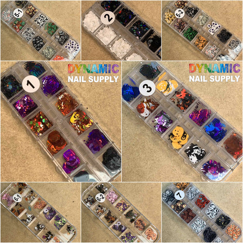 A collage showcasing nine nail art supply kits from Dynamic Nail Supply, each identified with a numbered sticker. These kits contain an assortment of glitter and decal designs housed in small compartments, featuring shapes like hearts and stars along with Halloween-themed glitter including pumpkins and ghosts to elevate your festive style. The featured product is the "Halloween Nails Glitter Sequins for Nail Art Designs - Fall Nails 2021.