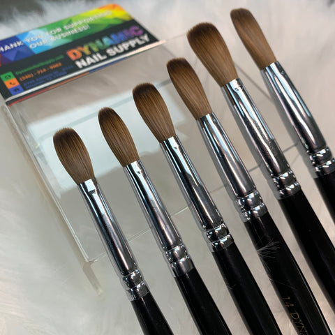 A collection of six Dynamic Kolinsky Hair Brushes, featuring sleek black handles and silver ferrules, is neatly arranged on a soft white surface. The brown bristles are uniformly shaped for flexibility in acrylic shaping. Behind the brushes, a partially visible packaging box from Dynamic Nail Supply showcases vibrant branding.