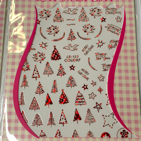 The Dynamic Nail Supply Bundle of 20pcs Christmas Nail Stickers, priced at $30, showcases festive red and black designs on white featuring Christmas trees, stars, snowflakes, reindeer, and holiday phrases. Each sheet is adorned with a pink border and a pink and white checkered background, ideal for adding seasonal flair to your nails.