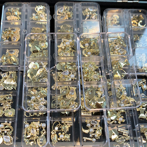 Inside a sleek black case, clear plastic containers house 30 pieces of nail charms from Dynamic Nail Supply, featuring random shapes like stars, moons, and flowers. Some charms are adorned with pearls and rhinestones.