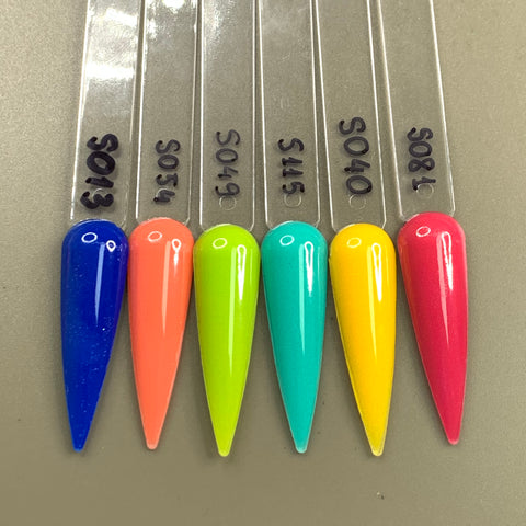 A display showcasing six stunning shades from the Dynamic Nail Supply's "Summer Collection Part 4 - Acrylic Powder for Sculpting and Dipping Nails" features vibrant colors like blue, peach, neon green, turquoise, yellow, and bright pink. These non-toxic samples are elegantly arranged in order from left to right on clear sticks labeled S013, S035, S049, S115, S040, and S081 against a beige background.